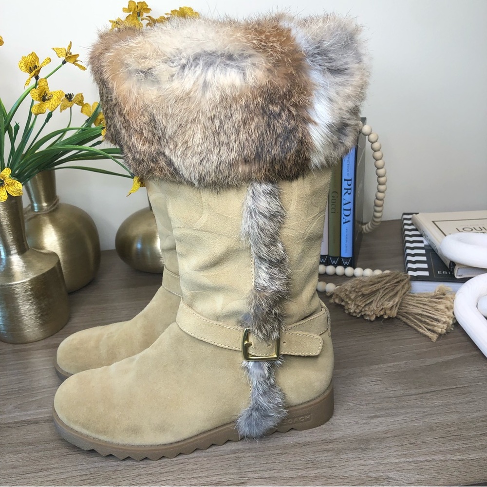 COACH Deeann Rabbit Fur Trim Camel/Tan Suede Leather Buckle Detail Long Boots 7